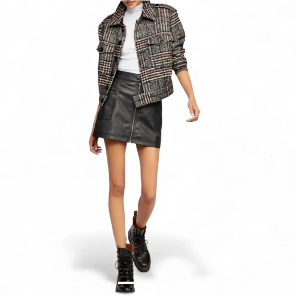 Free People Vegan Leather Black A-Line Zip Front Mini Skirt